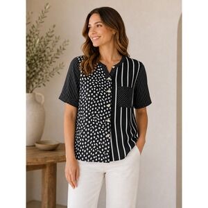 TanJay Button Up Blouse Womens 10 Black White Mixed Geometric Print Vintage Art